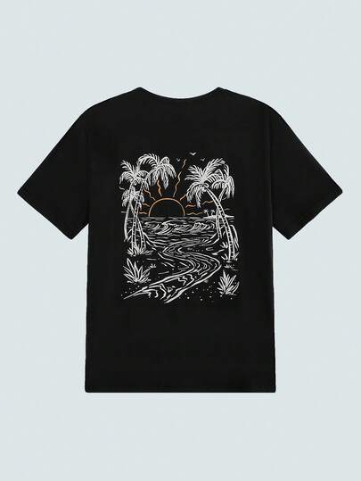 Modcrash Coastal Men's Vacation Style Island Element Printed Short Sleeve T-Shirt, Suitable For Summer Wear, Comfortable & Breathable, Leading Fashion