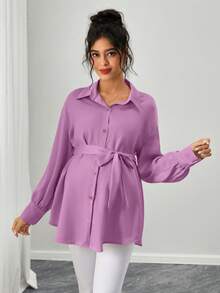 SHEIN 孕妇纯色前扣腰带休闲长袖衬衫 - 紫色 - 查看 3