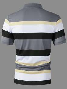 Manfinity Homme 男士字母圖案對比條紋短袖休閒通勤 Polo 衫，適合夏季日常與正式場合 - 彩色 - 查看 2
