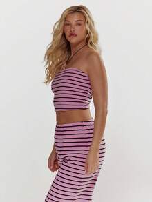 MUSERA Striped Fleece Towelling Fitted Cropped Strapless Bandeau Top Spring Summer Cute Girly Holiday Vacation Beach Everyday Casual Sorbet - Pink - View 4