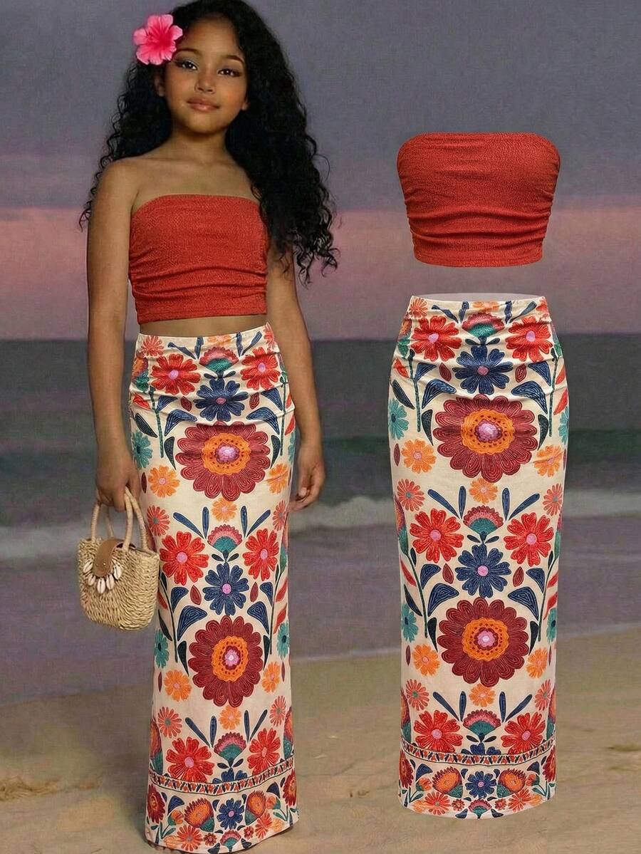 SHEIN Random 4items,Send 2item Tween Girl Fitted Casual Comfortable Tie-Dye Floral Print Camisole And Mini Skirt Set - Multicolor - View 1