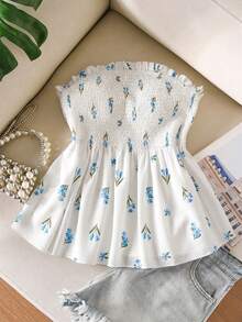 CosyJoli Plus Size Women Floral Print Tube Top Casual Top - Blue and White - View 1