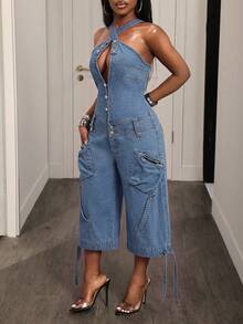 BamGleam Women's Sleeveless Hollow-Out Fashionable Denim Jumpsuit, Summer - Light Wash - View 7