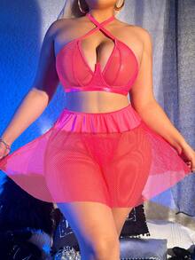 AltCore 3pcs Set: Classic Sheer Lace Deep V Underwire Push-Up Bra & A-Line Mini Skirt Lingerie Set, Sexy Plus Size - Hot Pink - View 6
