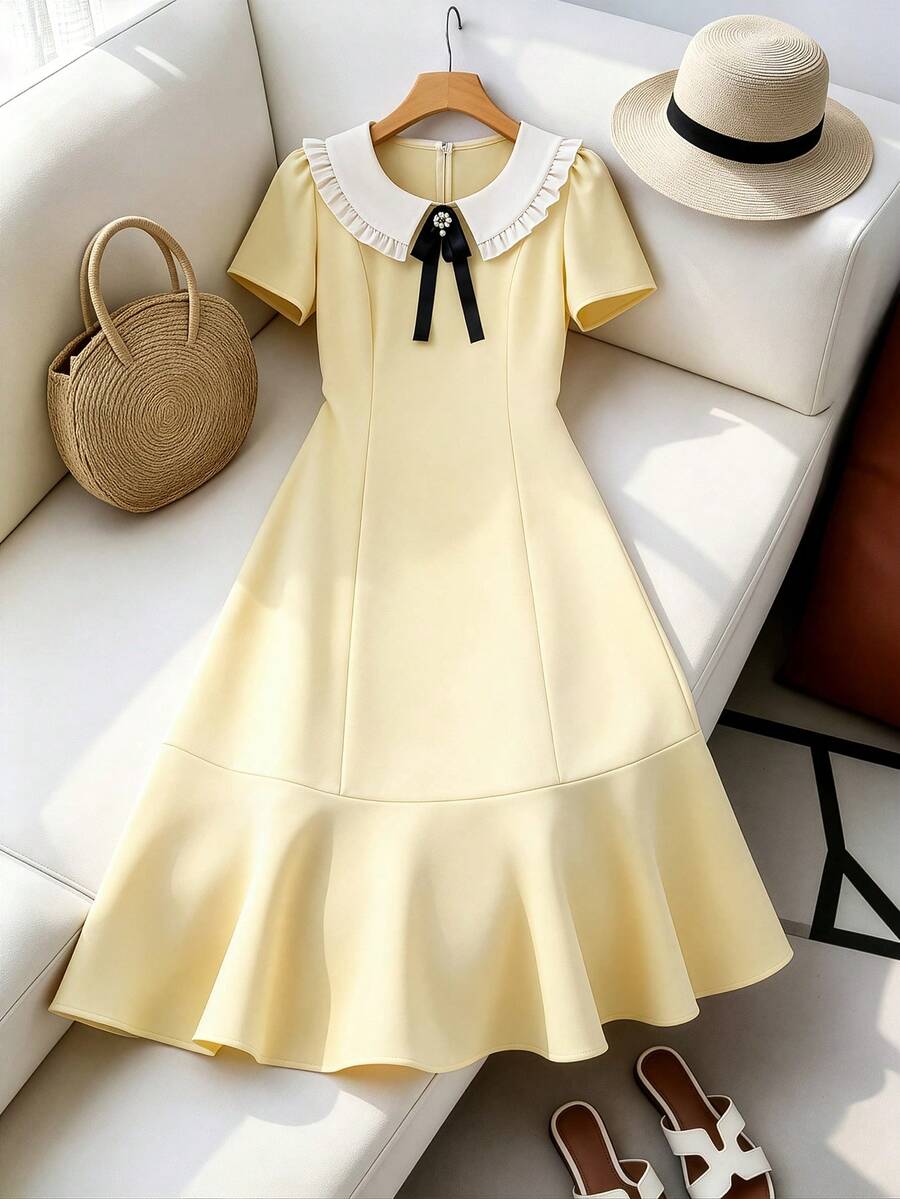Franclia Women's Elegant Peter Pan Collar Bow Decor Mid-Length Dress,Zanea Corn Yellow White And Yellow Summer Elegant Tea Party Yellow Summer Retro Dress - Light Yellow - View 1