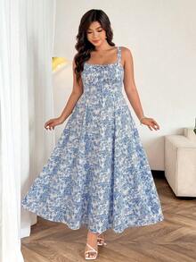 Easura Plus Size Women's Simple Daily Random Printed Dress Maxi Women Outfit - Blue - View 3