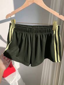 Comfortcana 女士夏季休闲运动日常通勤华夫格面料橄榄绿浅黄条纹侧边宽松短裤 - 橄欖綠 - 查看 6