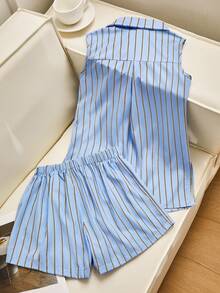 SHEIN Teen Girl Linen Camisole Shorts Set,Sleeveless Shirt Shorts Suit,Loose Comfortable Summer Leisure Wear,Back-To-School,Graduation - Blue - View 2
