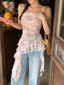 DAZY 女士印花荷叶边吊带背心，度假必备 - 彩色 - 查看 6