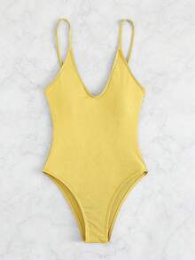 SHEIN Swim 女士纯色吊带连体泳衣，适合海滩度假、泳池派对、沙滩派对 - 黃色 - 查看 4