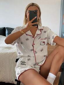 HELLO KITTY | DAZY Summer Polka Dot Bow Print Contrast Trim Lightweight Loose Women Short Sleeve Top And Shorts Pajama Set - White - View 5