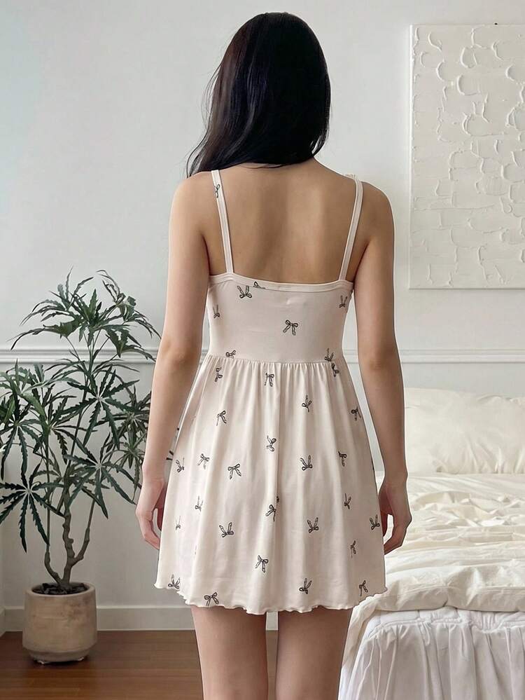 Bow Tie All-Over Print Lace Patchwork Sleeveless Cinched Waist Short Nightgown For Women