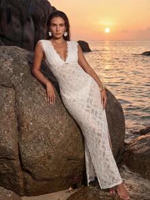 Swim Chiccia 女士露背深V领蕾丝边薄纱开衩下摆连衣裙 - 白色 - 查看 1