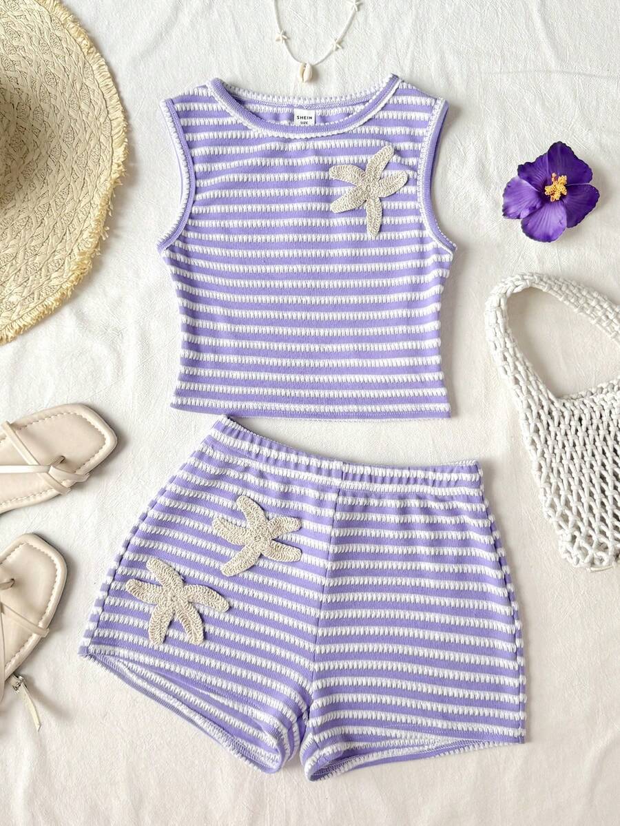 SHEIN Setelan 2 Potong untuk Anak Perempuan Remaja: Atasan Tank Top Tanpa Lengan Leher Bulat Motif Bintang Laut Bergaris dan Celana Pendek - Mauve Purple - View 1