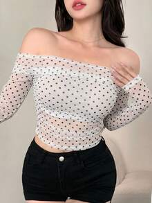 DAZY 女士弹力网纱露肩上衣，春夏款 - 杏色 - 查看 2