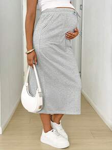 SHEIN Maternity Casual Drawstring Waist Solid Color A-Line Skirt, Suitable For Spring, Summer, Autumn Photoshoot - Grey - View 4