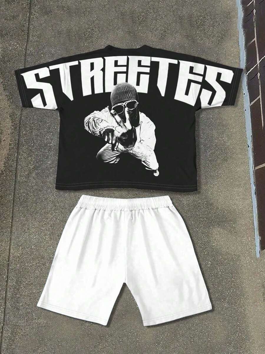 Young Boy Casual T-Shirt Set, Classic Cool Street Singer Graphic Print, Cool Street Text Graphic Print, Suitable For Spring/Summer, Y2K - Multicolor - View 1