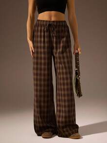 SHEIN Tall Women's Brown Baggy Plaid Minimalist Casual Pants - Multicolor - View 5