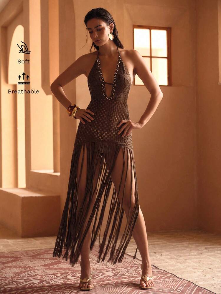 ELEGANT HANDMADE KNITTED DEEP V-NECK COVER UP DRESS WITH DECORATIVE TEXTURE, BACKLESS DESIGN, FRINGES FOR VACATION, BEACH