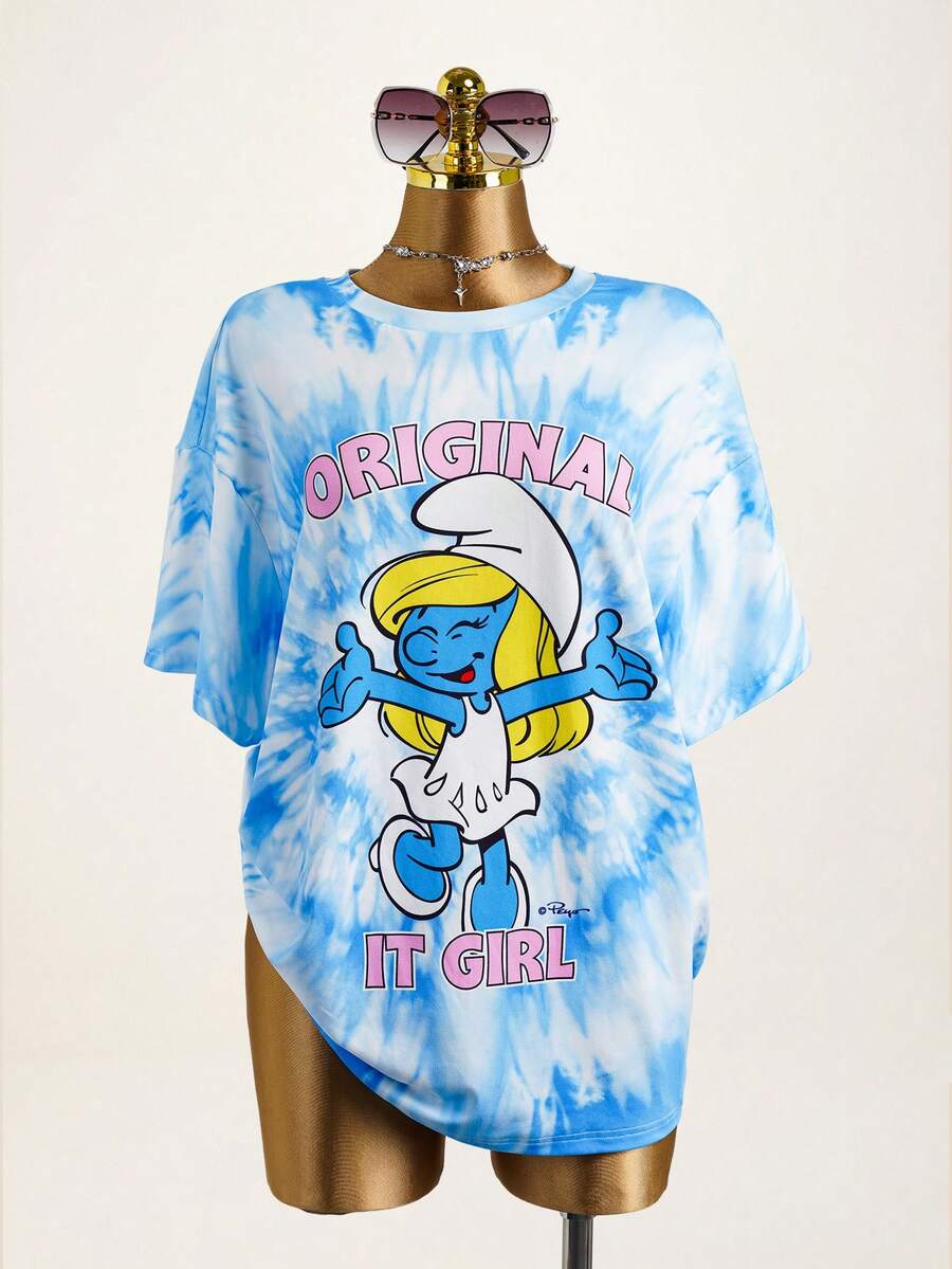 SHEIN X The Smurfs 大码女式扎染圆领宽松T恤 - 藍色 - 查看 1
