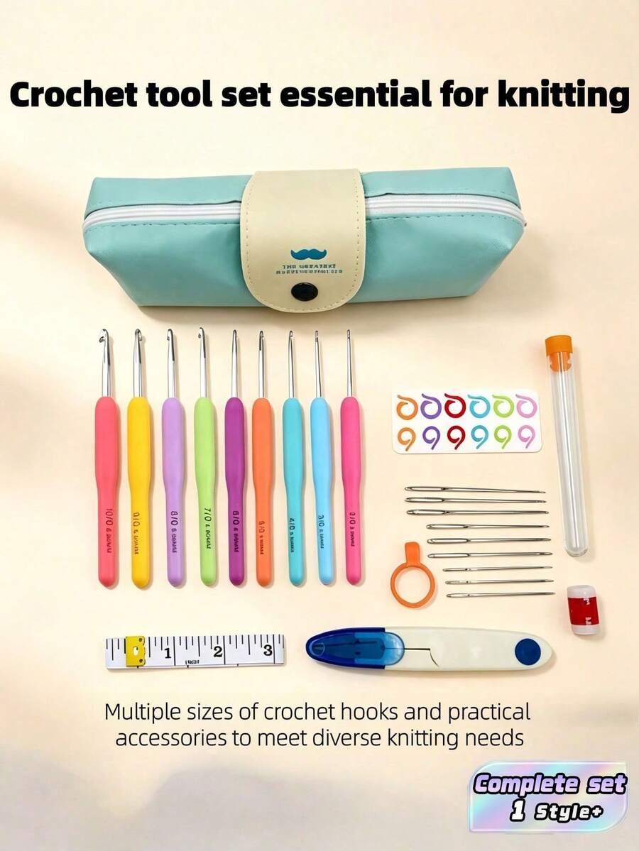 1 Set Crochet Hook Set Knitting Tool Accessories PU Storage Bag Portable Craft Kit Random Color Supplies For Beginners DIY Yarn Weaving - multicolor - View 1