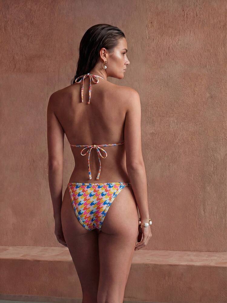Women's Summer Beach Vacation Colorful Houndstooth Print Backless Tie-Front Split Bikini Set
