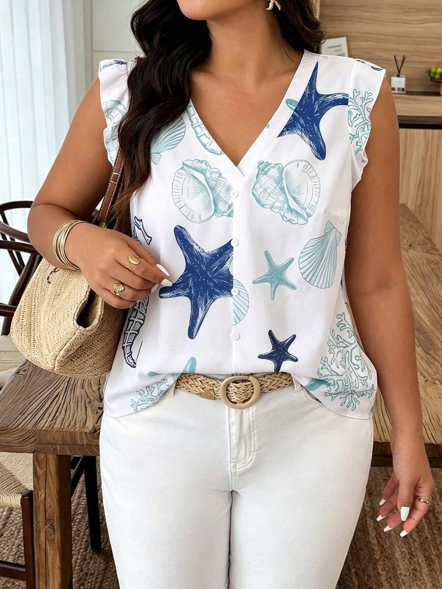 EMERY ROSE Plus Size Women Spring/Summer Ocean Element Print Cap Sleeve Casual Vacation Shirt - Blue and White - View 1