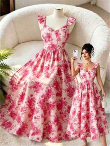DreamSkyne Plus Size Women's Fashionable Spring/Summer French Romantic Retro Elegant Floral Print Dress Gym Brown - Pink - View 1