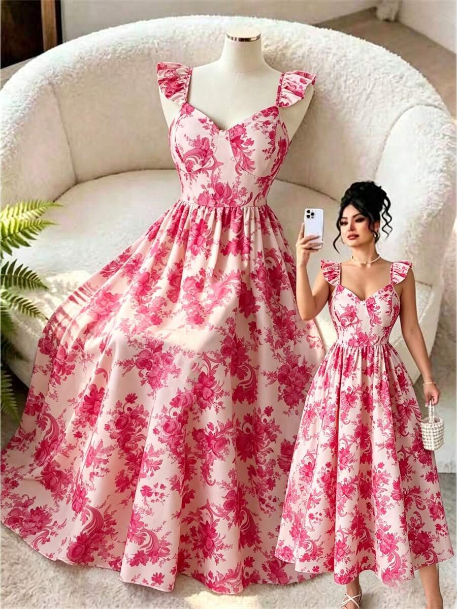 DreamSkyne Plus Size Women's Fashionable Spring/Summer French Romantic Retro Elegant Floral Print Dress Gym Brown - Pink - View 1