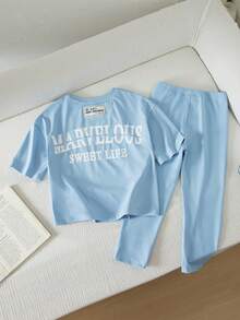SHEIN 2pcs/Set Young Girl Solid Color Letter Print Loose Fit Round Neck T-Shirt And Pants Set - Multicolor - View 6