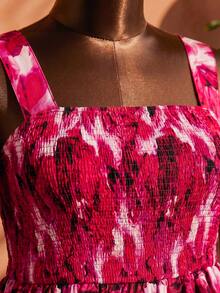 SHEIN CURVE+ Plus Size Women's Elegant Brown Summer Boho Flowy Vacation Holiday Dress,Printed Ruffle Edge Camisole Neckline Waist Cinching Cut For Party Gym - Multicolor - View 6