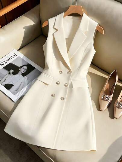 Franclia 女士纯色翻领双排扣无袖优雅连衣裙