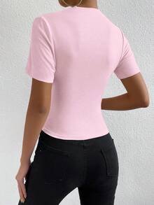 Chiquease Camiseta feminina de manga curta, lisa, plissada, casual e versátil para uso diário. - Rosa - Ver 2
