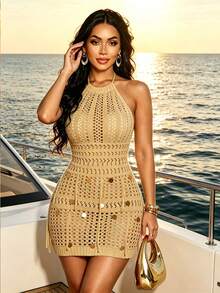 SOLERSUN Este nuevo vestido de punto ajustado con cuello de halter y espalda abierta presenta un diseño con flecos y lentejuelas, perfecto para ocasiones de verano como fiestas, citas, discotecas, playas y té de la tarde. También es un excelente vestido de playa para primavera y verano. - Café integral - Ver 6