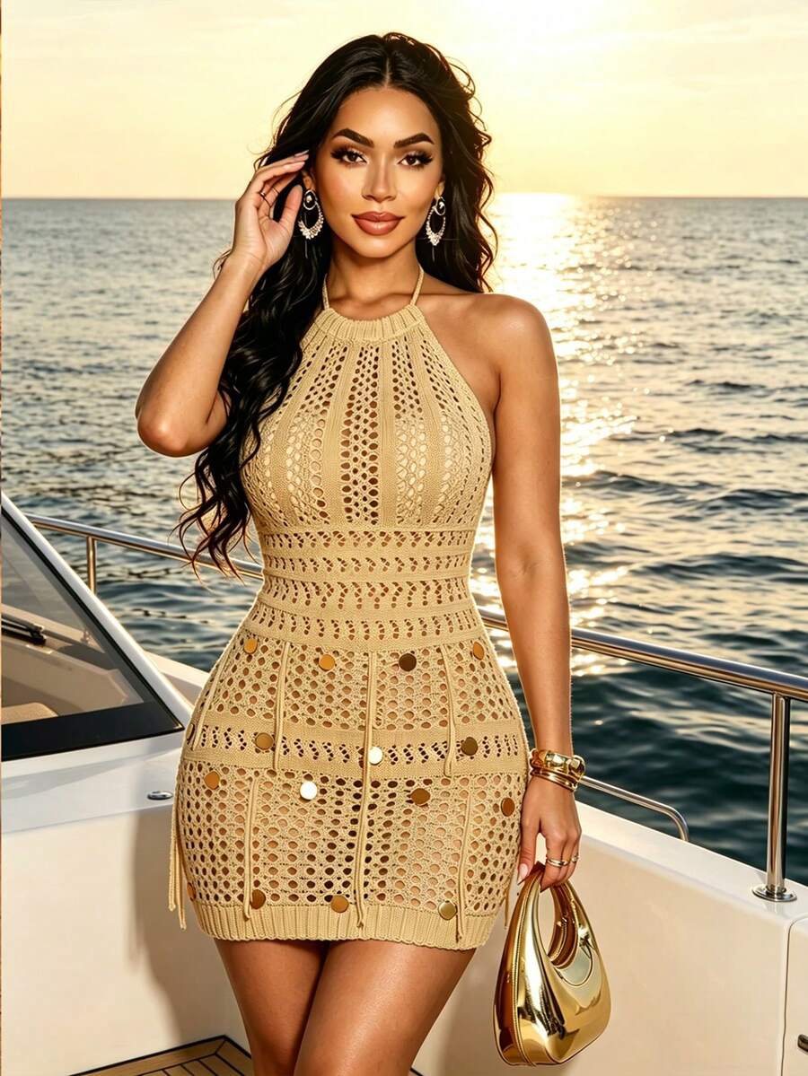 这款新款女士露背吊带修身针织连衣裙采用流苏和亮片设计，非常适合夏季各种场合，例如派对、约会、夜店、海滩和下午茶。它也是春夏两季的绝佳沙滩裙。 - 咖啡棕 - 查看 1