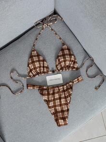 Swim Mod Spring Summer Beach Chocolate Brown Halter Bikini 2 Pieces Set Sexy - Multicolor - View 6
