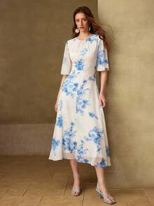 MOTF PREMIUM Đầm nữ chất liệu chiffon in hoa, cổ tròn, tay ngắn, dài ngang gối, thích hợp mặc thường ngày và hẹn hò, mùa xuân/hè. - Nhiều màu - Xem 5