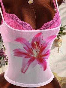 Amplova Áo corset ren hoa mùa xuân hè, áo hai dây không tay bằng vải lưới in họa tiết, thích hợp cho kỳ nghỉ, đi biển, tiệc tùng thường ngày. - Hồng - Xem 7