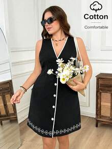 Levarali Plus Size Women V-Neck Single-Breasted Zebra Print Dress Elegant Black And White Summer Office Formal Smart Casual French Style Minimalist Party Tea - Black - View 2