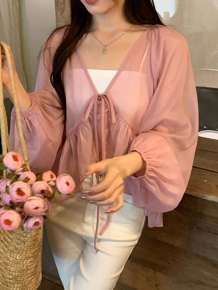 Women's Vacation Style Korean Long Sleeve Solid Color Ruffle Trim Fresh Girly Blouse