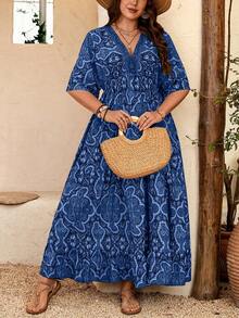 Breezaya Plus Size Women's V-Neck Bohemian Style Dress, Loose Floral Print Summer Beach Dress - Blue - View 5