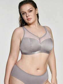 SHEIN Bra Tanpa Kawat Kasual untuk Wanita Ukuran Plus dengan Motif Jala dan Patchwork untuk Penggunaan Sehari-hari - Grey - View 5