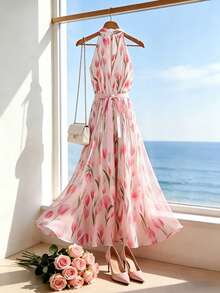Franclia Đầm nữ in kỹ thuật số mới, cổ yếm, ôm eo, thích hợp cho kỳ nghỉ biển và du lịch. - Hồng - Xem 2