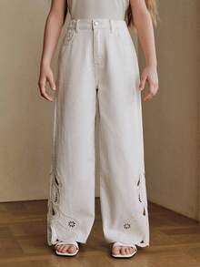Girls' Fashionable Hollow-Out Embroidered Straight Leg Beige Vacation Pants - Beige - View 3