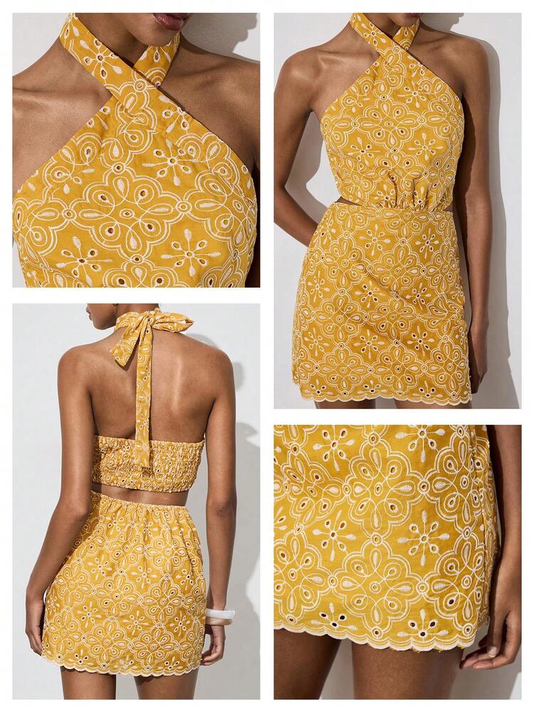 SHEIN Maija Vestido casual de vacaciones para mujer con bordado hueco y escote halter sin espalda