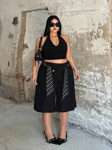 SHEIN CURVE+ Quần dài và quần short cỡ lớn thời trang, thoải mái, tiện dụng, cạp chun bất đối xứng, dài đến đầu gối, phù hợp cho các buổi đi chơi, đi học và mặc hàng ngày vào mùa xuân/hè. - màu đen - Xem 4