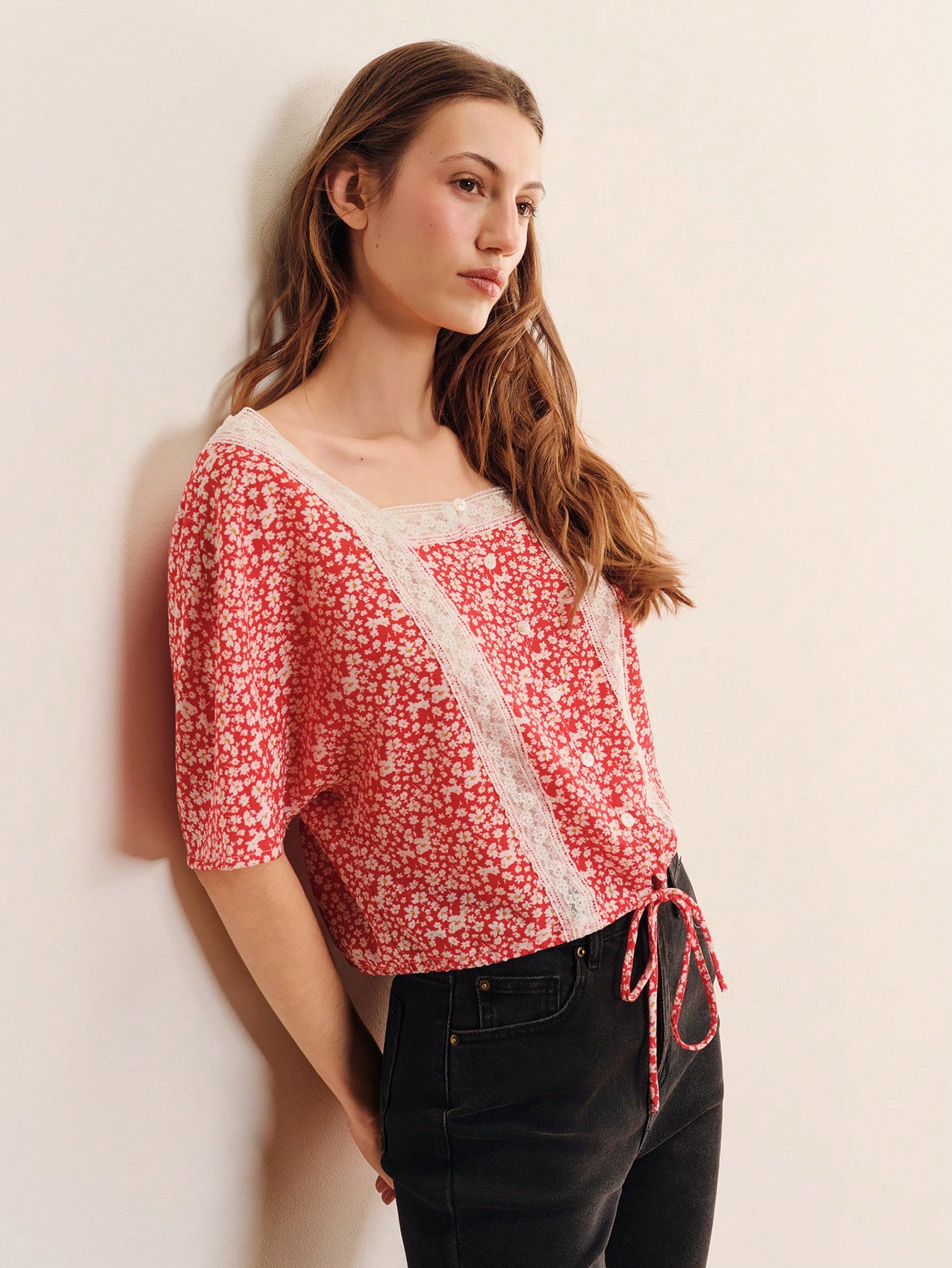Red Floral-Print Top With A Square Neckline And White Lace Inserts Cute Spring Summer Style Work Top Holiday Top French Style Top Cute Summer Top