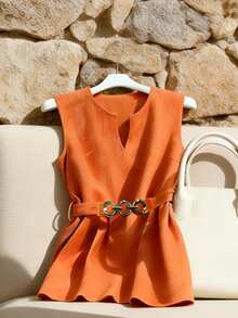 INAWLY Women's Casual Elegant Comfortable Solid Color V-Neck Sleeveless Top With Belt Golf Pastal Summer - Coral Orange - View 4