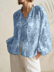 Women's New Loose Fit Elegant Yellow Floral Print Linen Long Sleeve Shirt - Blue - View 1