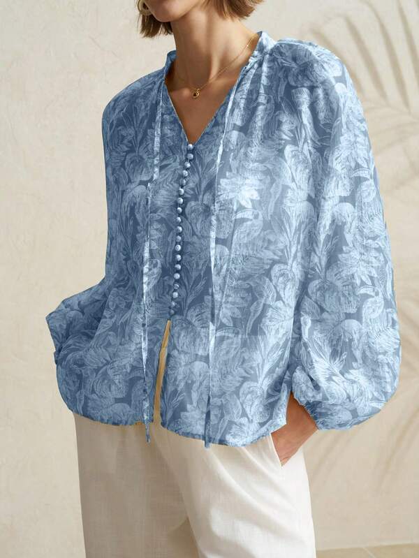 Airaco Damen Neue Loose Fit Elegante Gelb Blumen Muster Leinen Langarm Bluse